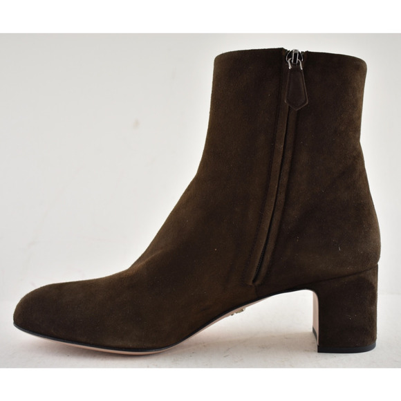 Prada 55MM Moro Chocolate Brown Suede Logo Short Ankle Block Heel Bootie 37.5 - Picture 11 of 16